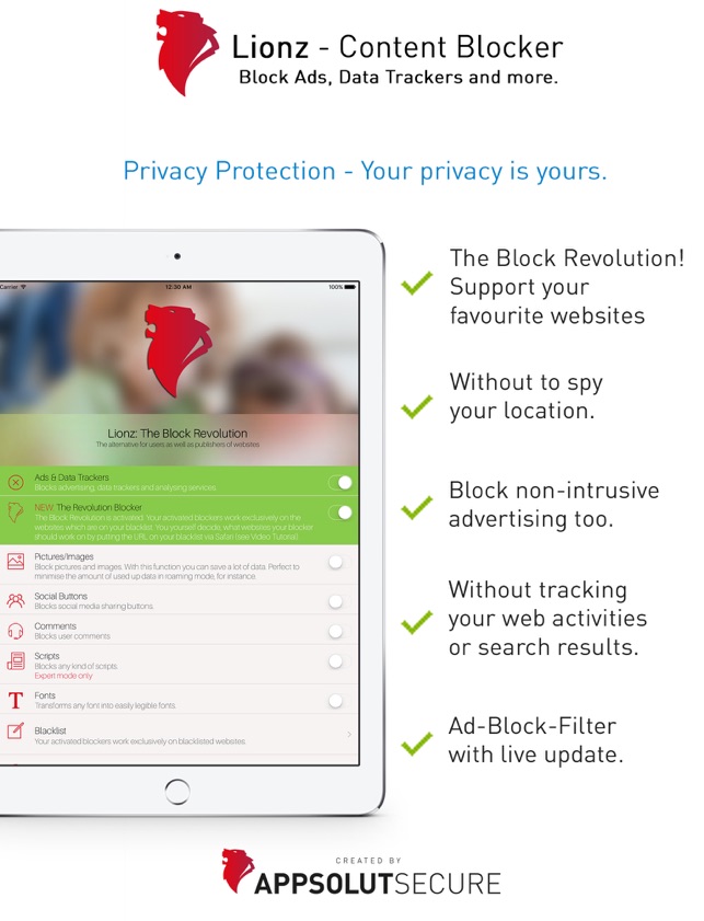 Lionz: The Block Revolution - Ad-Blocker for Safari - Block Ads, Data Trackers and more Screenshot