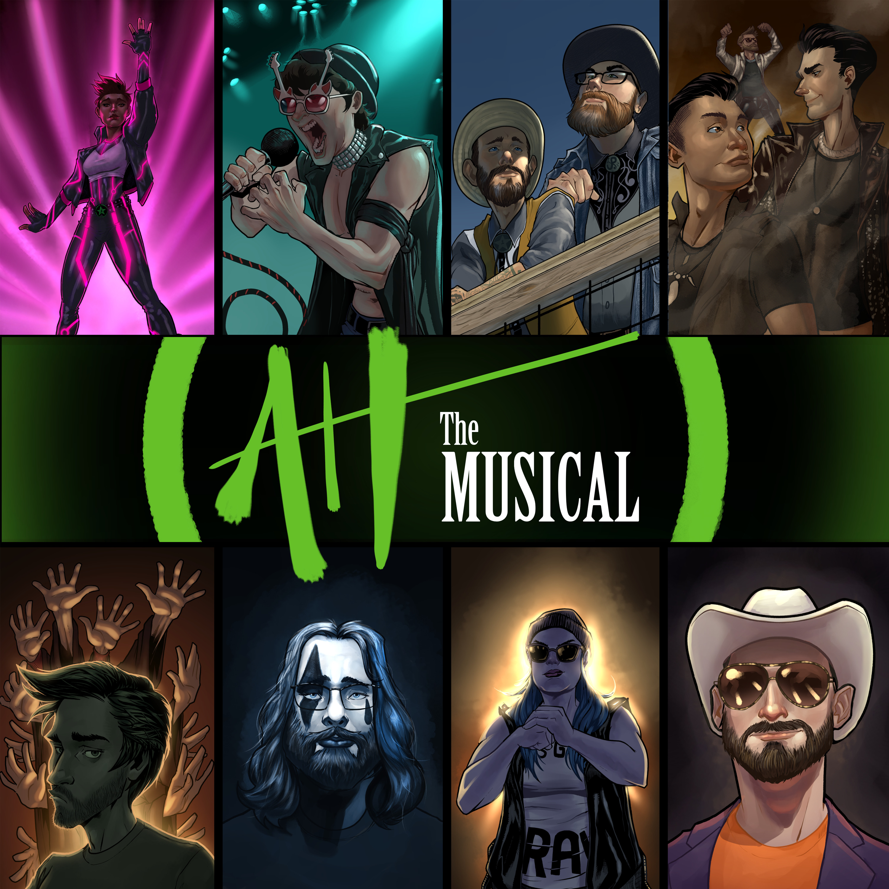 The album cover art of Achievement Hunter: The Musical. Stylized text reading "AH The MUSICAL" is in the center, while eight boxes containing members of AH (four boxes on top, four on bottom) take up the rest of the remaining space. Top row: Fiona (Unknown Song Title), Michael (Get Sprunked), Jack and Geoff (Team OG), Gavin, Trevor, and Alfredo (Hard to Breathe). Bottom row: Gavin by himself (Gavin is a Prick), Matt (Matt's Song), Lindsay (Lindsay Wins), and Jeremy (Good at Being Bad).