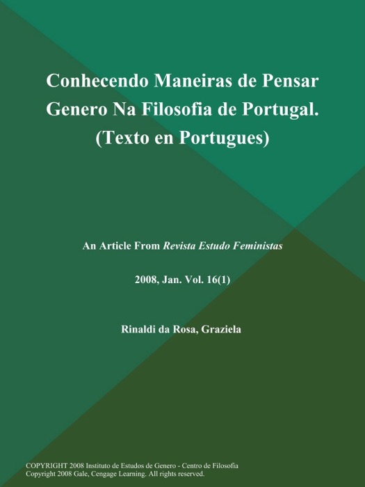 Conhecendo Maneiras de Pensar Genero Na Filosofia de Portugal (Texto en Portugues)