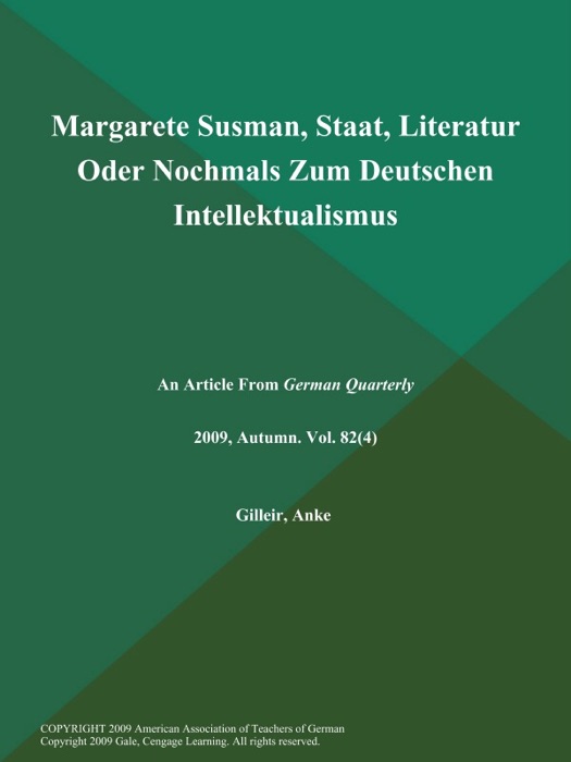 Margarete Susman, Staat, Literatur Oder Nochmals Zum Deutschen Intellektualismus