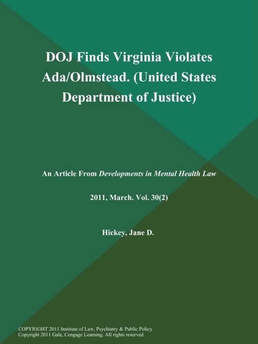 DOJ Finds Virginia Violates Ada/Olmstead (United States Department of Justice)