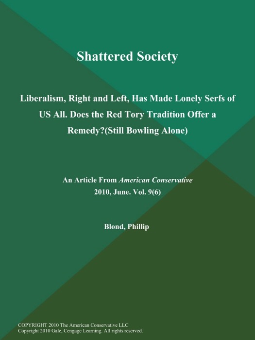 Shattered Society: Liberalism, Right and Left, Has Made Lonely Serfs of US All. Does the Red Tory Tradition Offer a Remedy? (Still Bowling Alone)