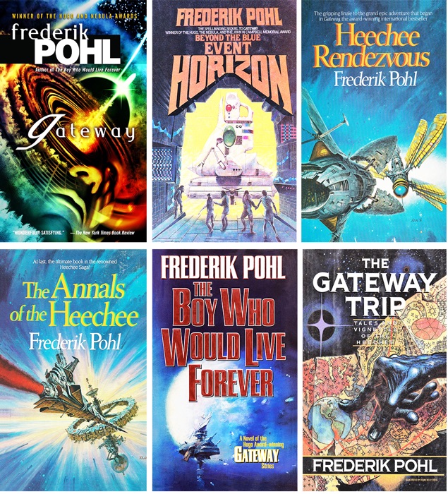 Heechee Saga Book Series by Frederik Pohl: Gateway, Beyond the Blue Event Horizon, Heechee Rendezvous, The Annals of the Heechee, The Gateway Trip, The Boy Who Would Live Forever.