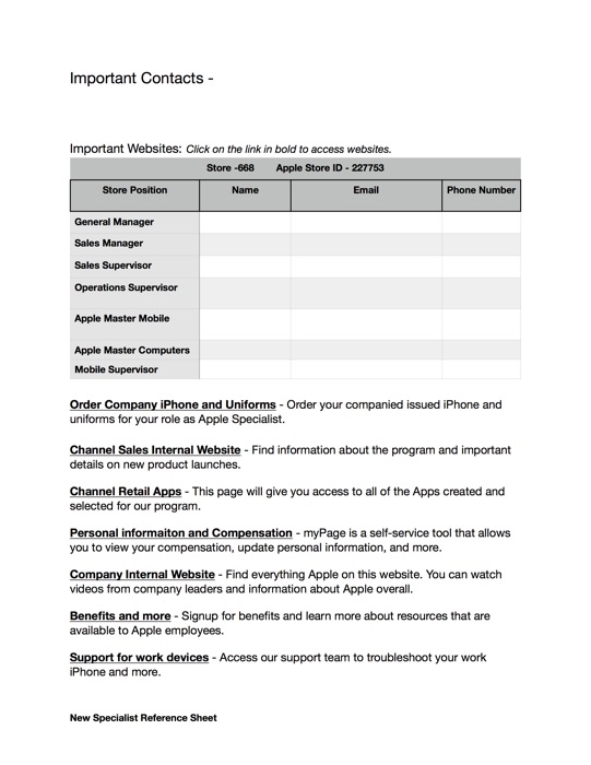 Specialist Reference Sheet