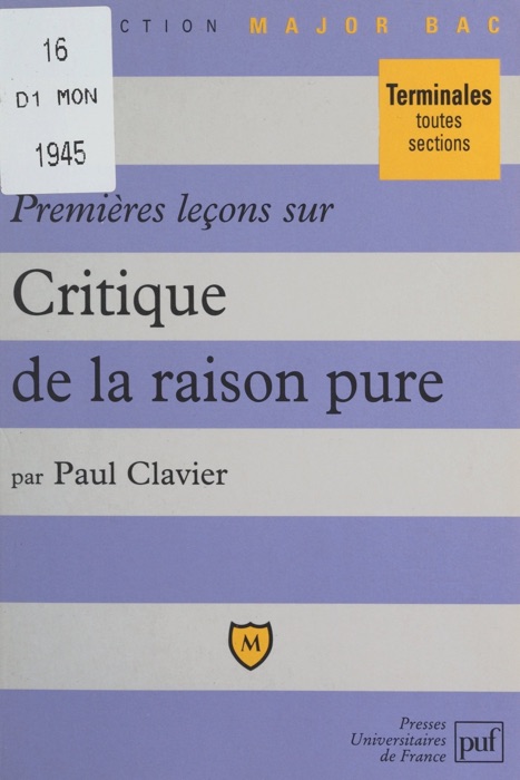 Premières leçons sur Critique de la raison pure, de Kant