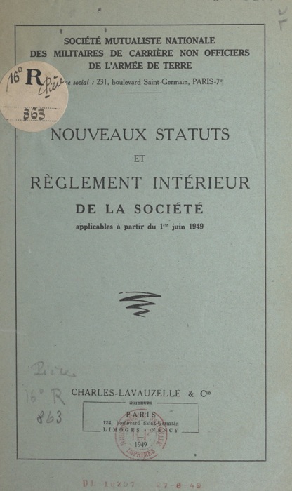 Nouveaux statuts et règlement intérieur de la Société applicables à partir du 1er juin 1949