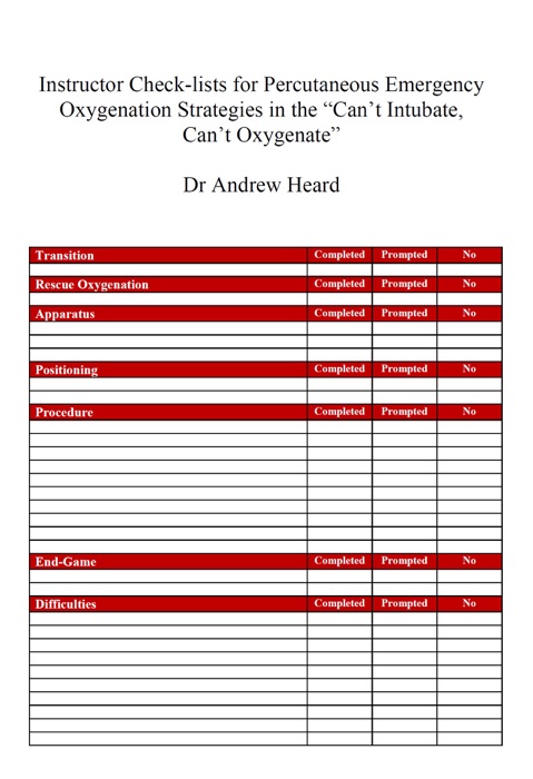 Instructor Check-lists for Percutaneous Emergency Oxygenation Strategies in the “Can’t Intubate, Can’t Oxygenate” Scenario