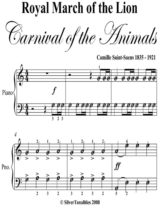 Royal March of the Lion Carnival of the Animals Easy Piano Sheet Music