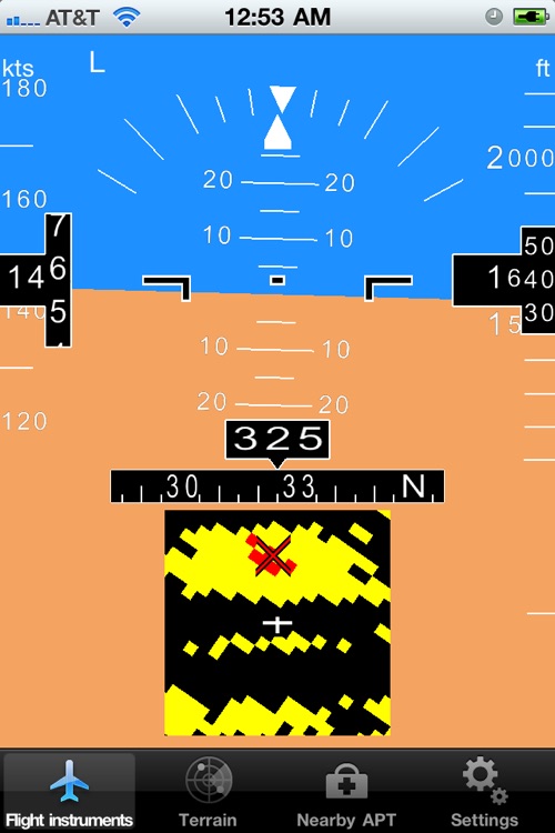 InFlight - attitude, flight instruments, terrain, obstacles and airports on a glass cockpit display with moving map