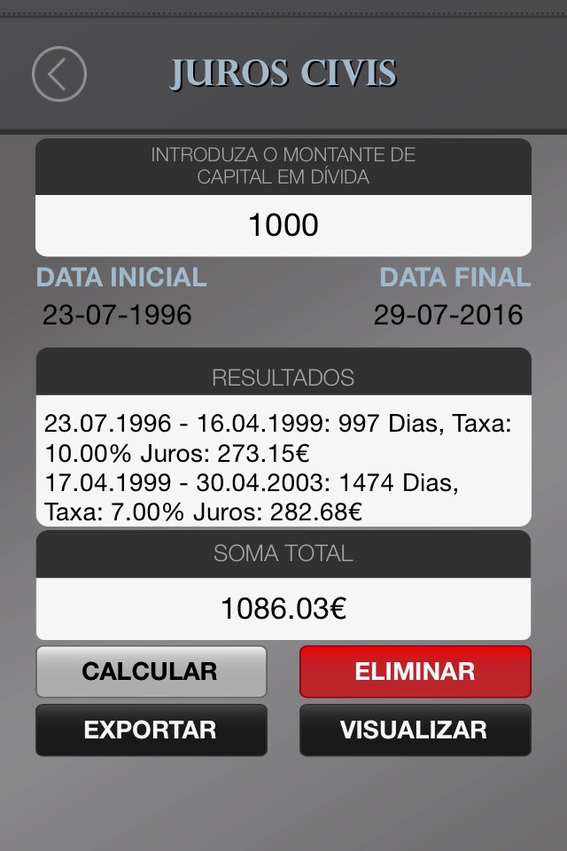 Cálculo de Juros Portugueses (Civil, Comercial, Fixo) screenshot 2