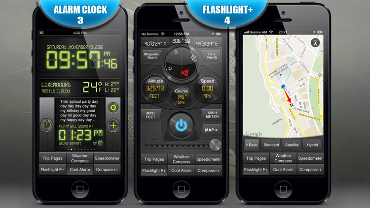 GPS Dragon 6 in 1 (1.Trip Pages, 2.Speedometer +, 3.Alarm Clock, 4.Compass, Flashlight, Speedometer, Altimeter, Course, 5.Weather Compass, 6.Compass Pro)