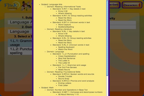 Common Core Grade K: Skills and educational activities in Language Arts and Math correlated to Common Core Standards for Kindergarten students - Powered by Flink Learning screenshot 3