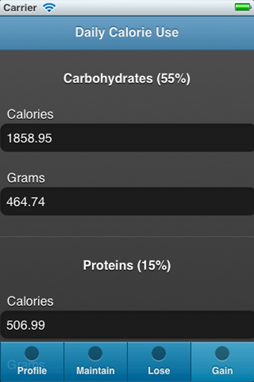 Calory Use - Recommended calories, carbohydrates, proteins and fats intake to loose, maintain or gain weight screenshot-4