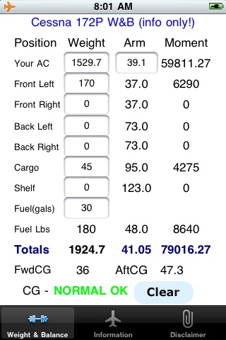 C172P Weight and Balance Calculator screenshot 2