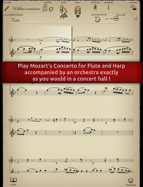 Play Mozart – Concerto for Flute and Harp K299 (interactive sheet music)