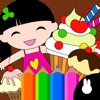 着色とドレスアップ: ケーキを作るキッチンの子供たち