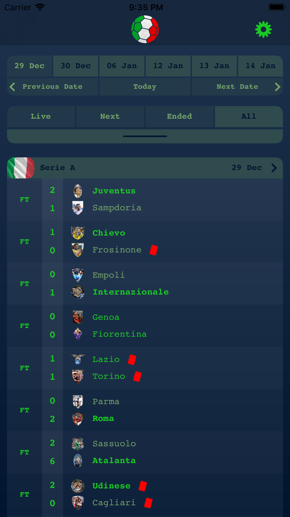 italy serie a today results