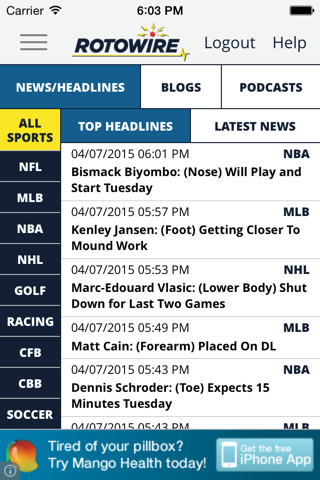 RotoWire Fantasy News Center - náhled