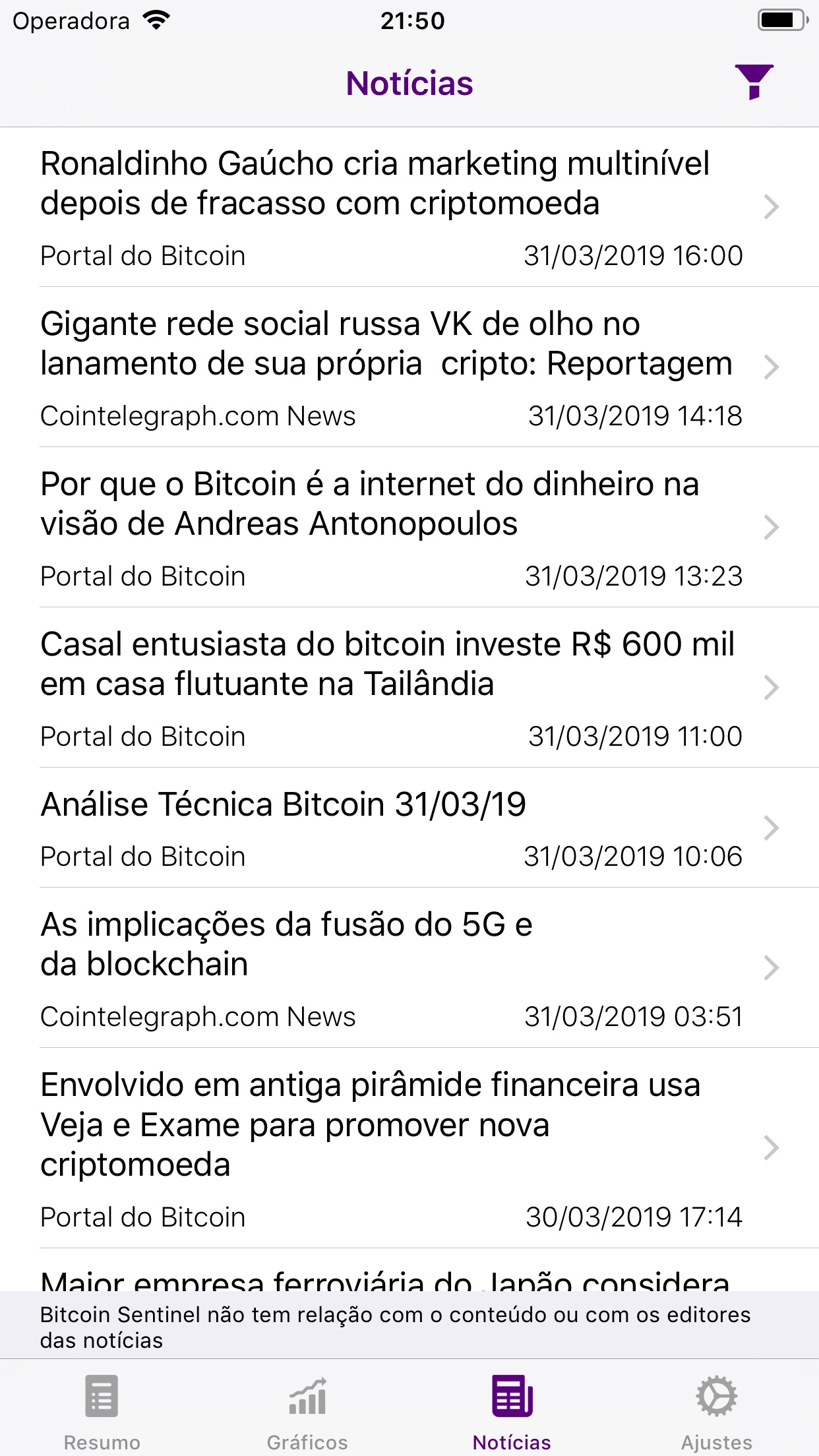 Screenshot do app Bitcoin Sentinel
