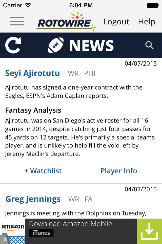 RotoWire Fantasy News Center screenshot 3