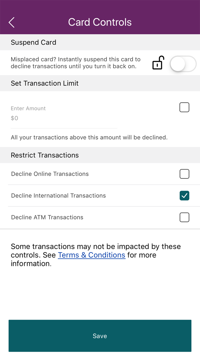 AlaTrust Card Controls
