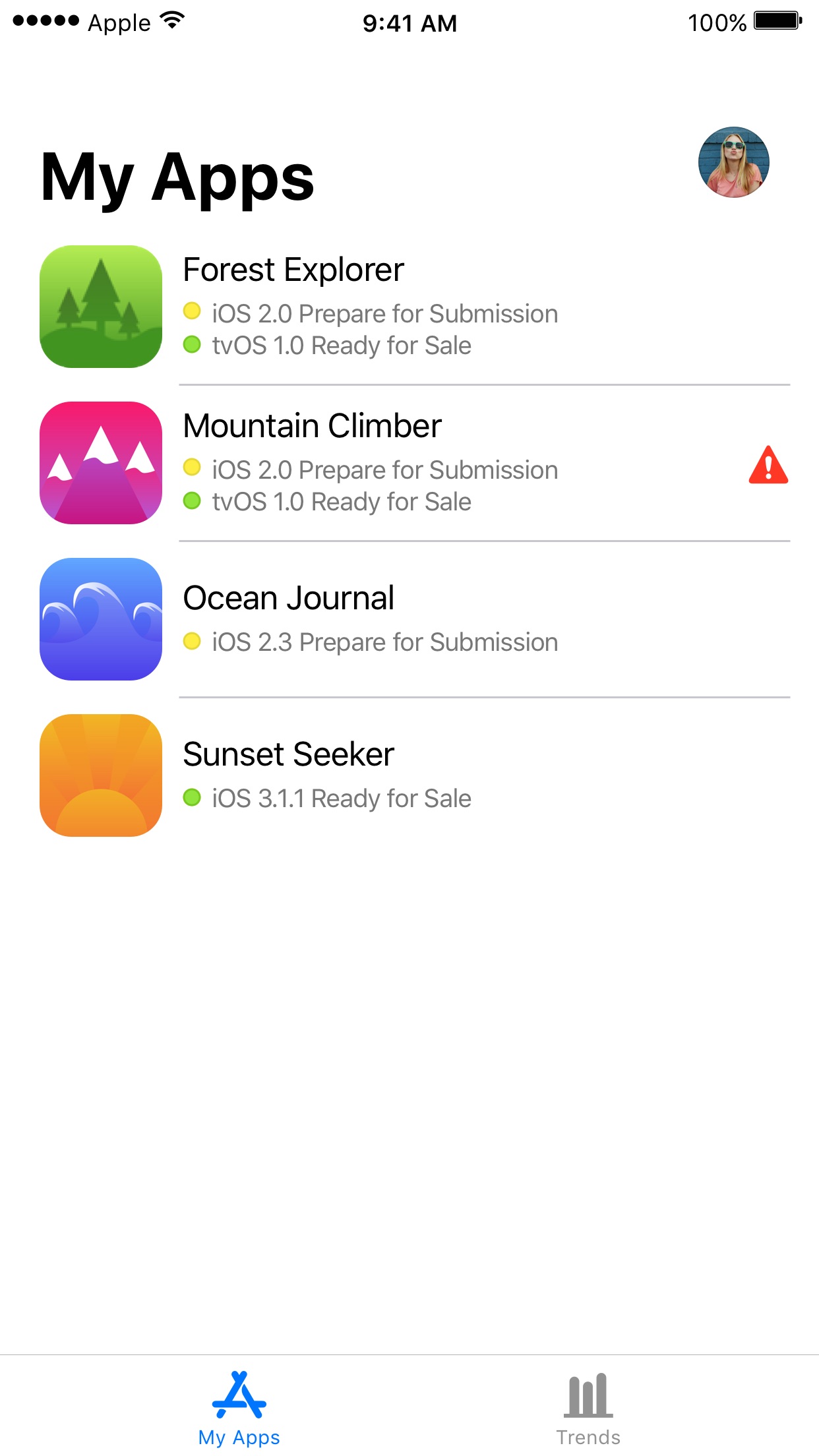 Screenshot do app App Store Connect