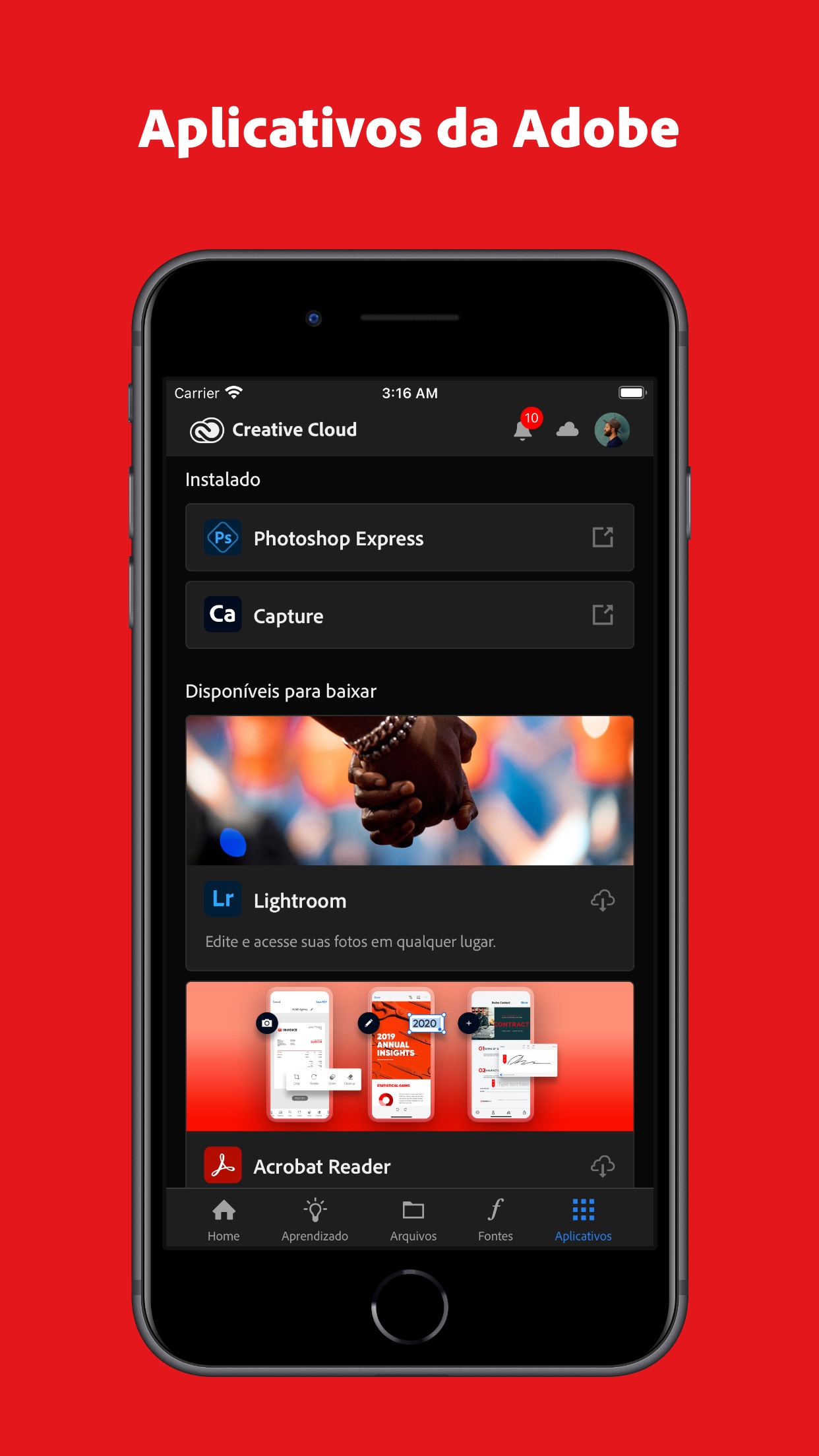 Screenshot do app Adobe Creative Cloud