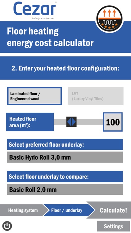 Floor heating calculator Cezar