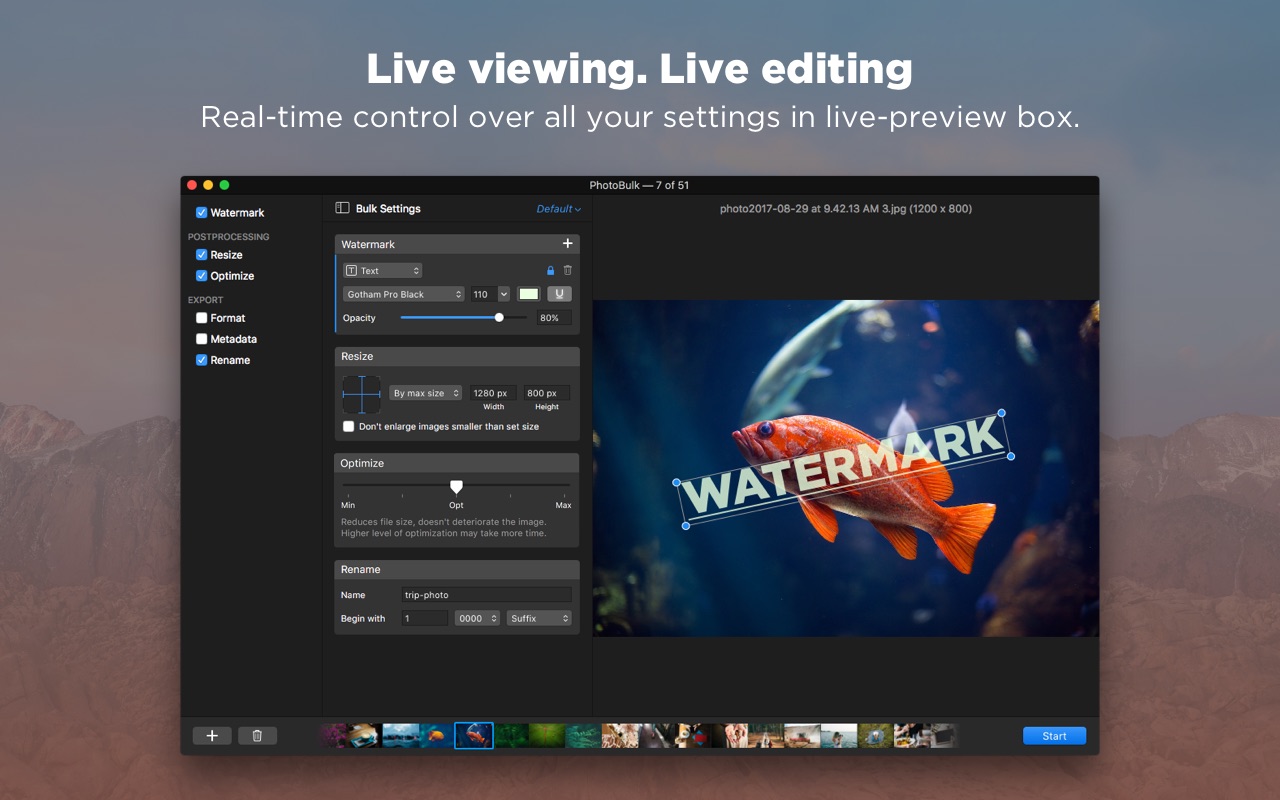 Screenshot do app PhotoBulk: watermark in batch