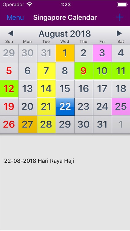 2018 Singapore Calendar AdFree