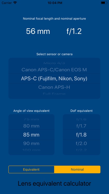 Lens equivalent calculator