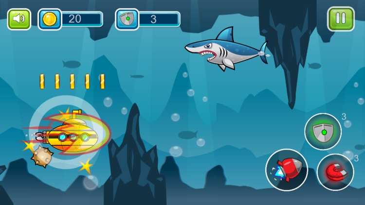 Submarine shooting shark in underwater adventure