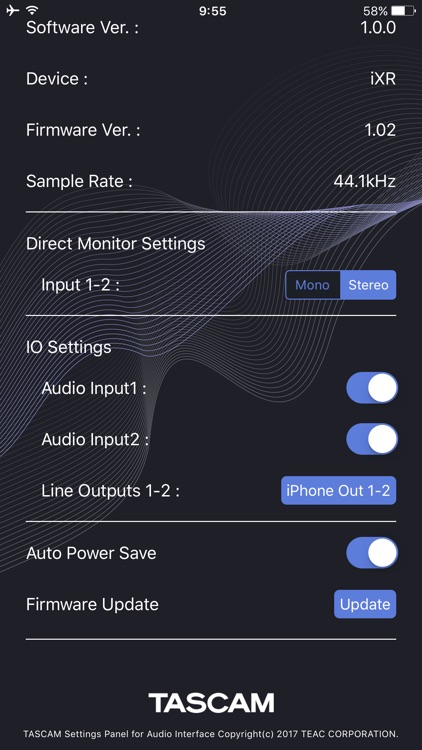 TASCAM Settings Panel for Audio Interface