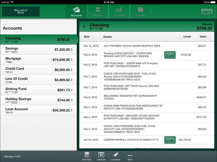 Wellesley Bank Mobile Banking for iPad