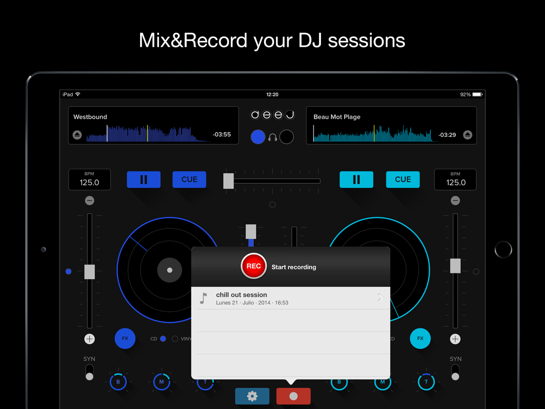 deej DJ turntable. Mix, record, share your music App voor iPhone