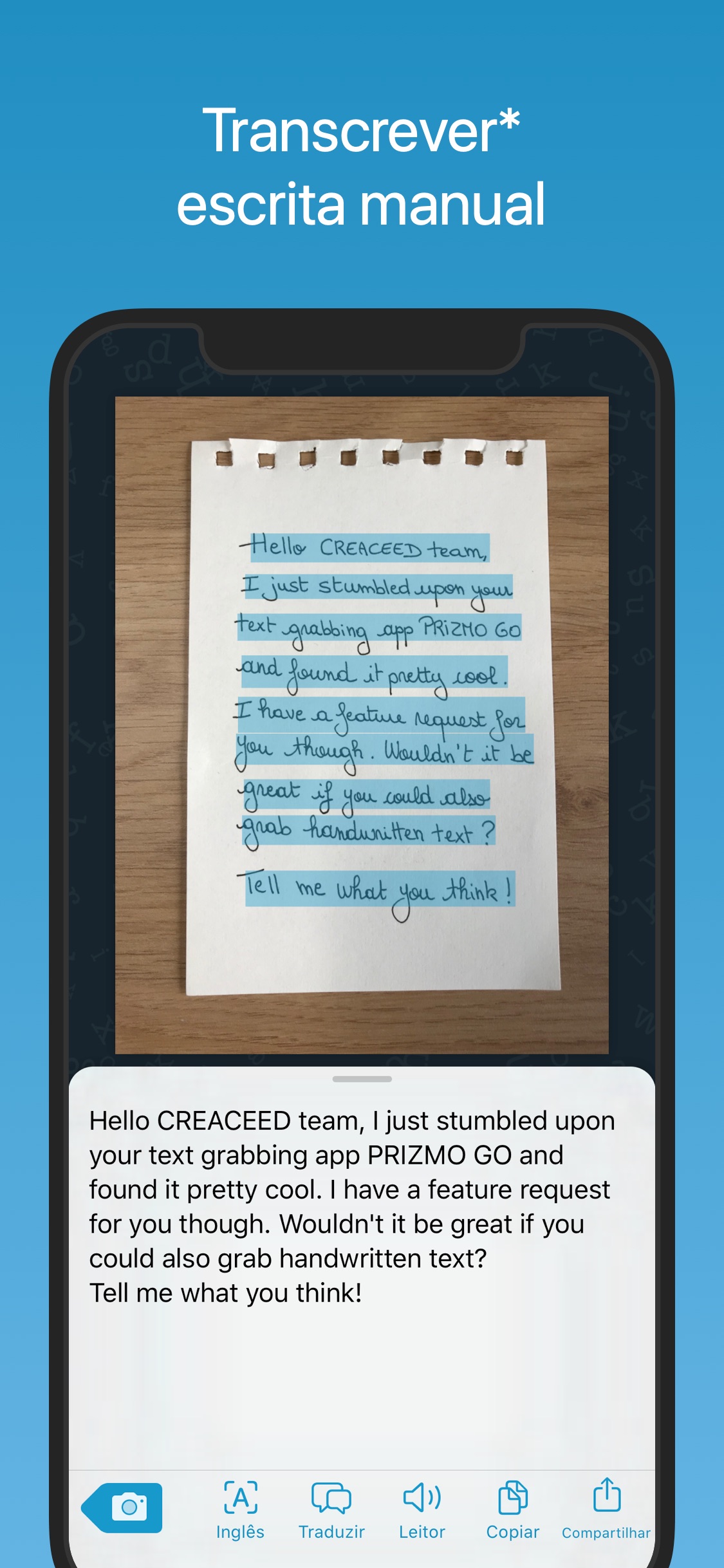 Screenshot do app Prizmo Go › Text Grabber