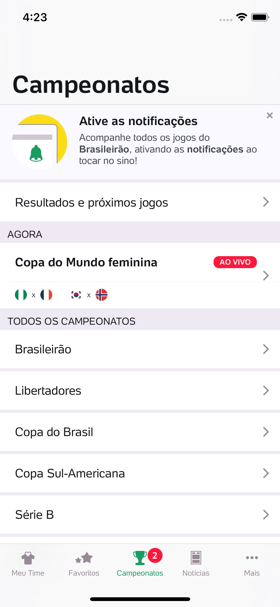Screenshot do app Placar UOL - Brasileirão 2019