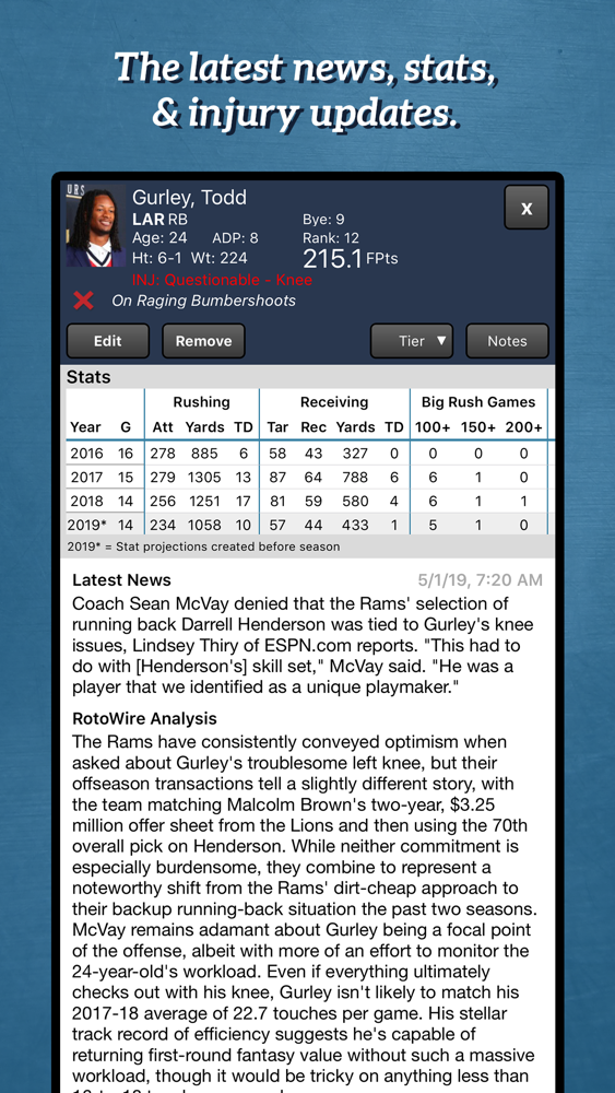 Fantasy Football Draft Kit '19 for iOS (iPhone/iPad) Latest Version at  $4.99 on AppPure