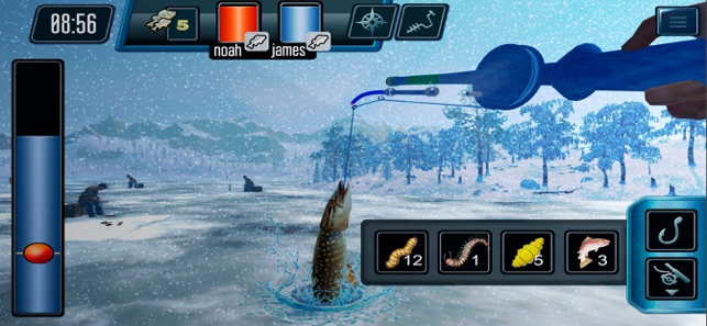 Ice fishing game.Catching carp