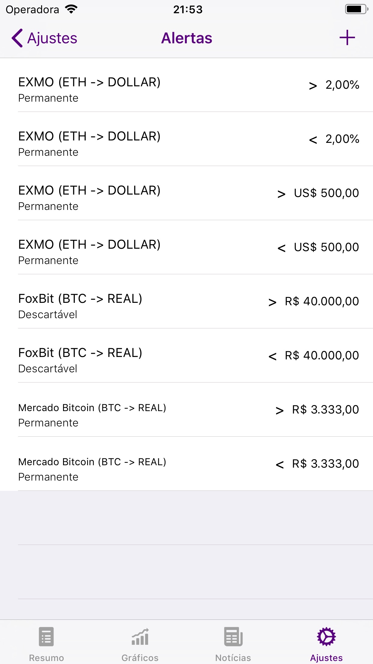 Screenshot do app Bitcoin Sentinel