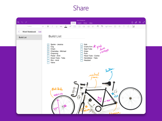 Microsoft OneNote – lists, photos, and notes, organized in a notebook screenshot