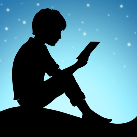 The Kindle Reading App image showing the black silhouette of a person reading against a starry sky