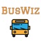 The BusWiz application shows the scheduled and expected arrival time as well as the location of the school bus