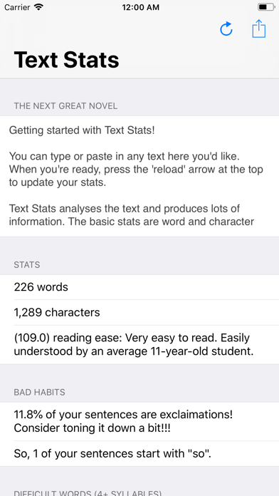 Text Stats Screenshots