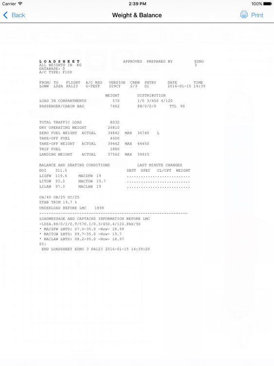 Pan Aero Weight and Balance F70/100