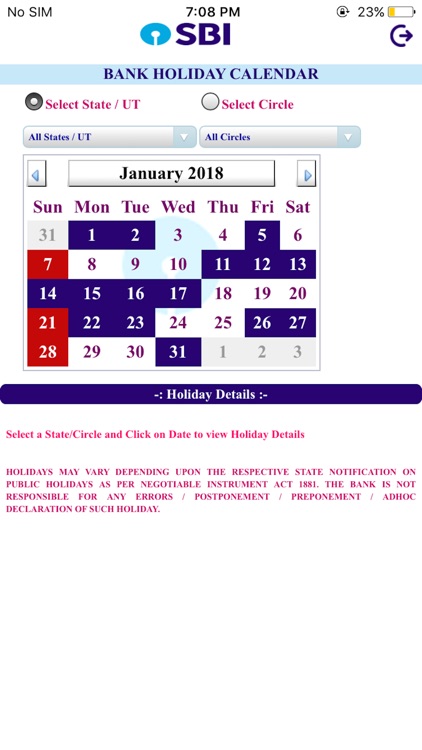 SBI Bank Holiday Calendar