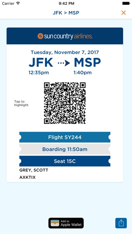 sun country airlines apple wallet