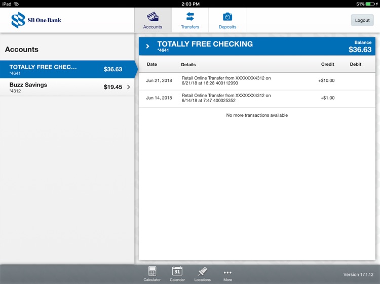 SB One Bank Mobile for iPad