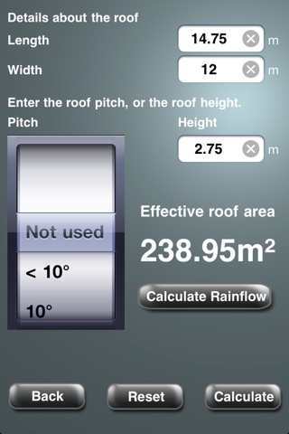 Roof area rainflow gutter calc screenshot 3