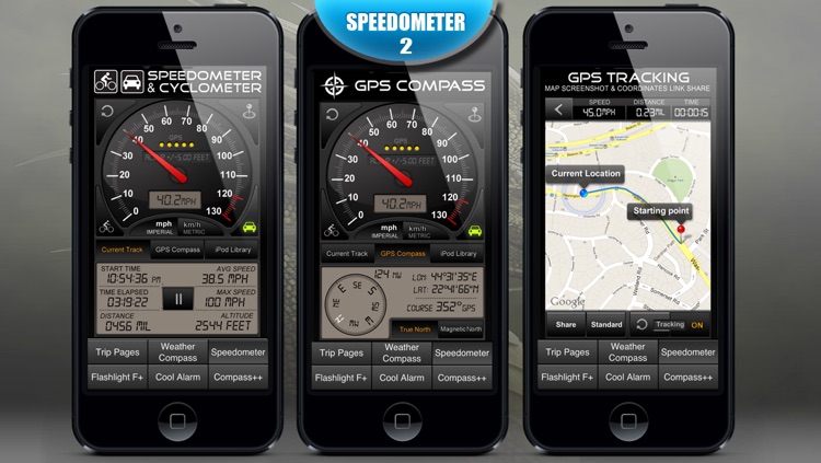 GPS Dragon 6 in 1 (1.Trip Pages, 2.Speedometer +, 3.Alarm Clock, 4.Compass, Flashlight, Speedometer, Altimeter, Course, 5.Weather Compass, 6.Compass Pro)